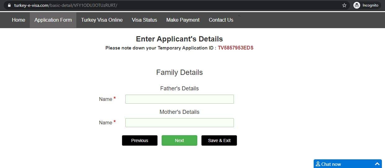 Enter family details (Turkey Visa Application Form)